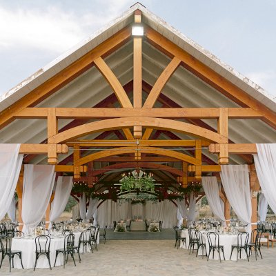 Custom Wood Pavilion (Options: 74' x 74', Douglas-fir, 20-Post Anchor Kit for High-Wind, 10' H Posts, Horizontal Decorative Trims for All Posts, with 5 Ceiling Fan Bases, Transparent Premium Sealant, White Wash for Ceiling). Photo Courtesy of J. Fookes of Elk Creek, CA.