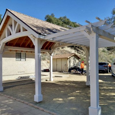 Custom Granada Pavilion with Attached 18' L x 8' W Garden Pergola  (Options: 18' L x 16' W, Douglas-fir, Posts Anchor Kit for High-Wind, 1 Ceiling Fan Base, Custom Primer).