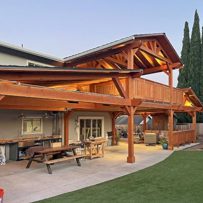 Custom Wood Pavilion (Options: 58' L, Attahced to Home, Double Height, Douglas-fir, with Railings, Transparent Premium Sealant). Photo Courtesy of Steve & Suzy Dahl of Goleta, CA.