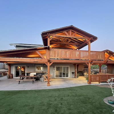 Custom Wood Pavilion (Options: 58' L, Attahced to Home, Double Height, Douglas-fir, with Railings, Transparent Premium Sealant). Photo Courtesy of Steve & Suzy Dahl of Goleta, CA.