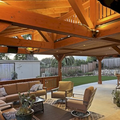 Custom Wood Pavilion (Options: 58' L, Attahced to Home, Double Height, Douglas-fir, with Railings, Transparent Premium Sealant). Photo Courtesy of Steve & Suzy Dahl of Goleta, CA.