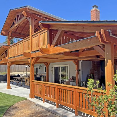 Custom Wood Pavilion (Options: 58' L, Attahced to Home, Double Height, Douglas-fir, with Railings, Transparent Premium Sealant). Photo Courtesy of Steve & Suzy Dahl of Goleta, CA.