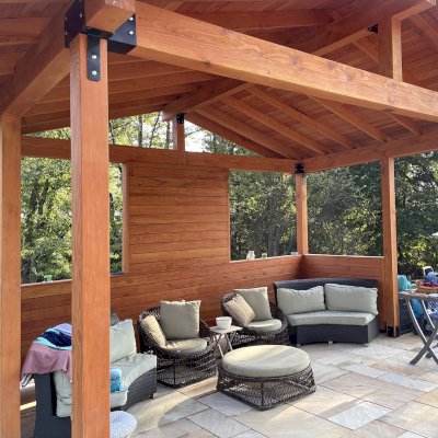 Custom Wood Pavilion Kit (Options: 14 ft L x 20 ft W, Douglas-fir, Transparent Premium Sealant). Photo Courtesy of T. Watson of Allison Park, PA.