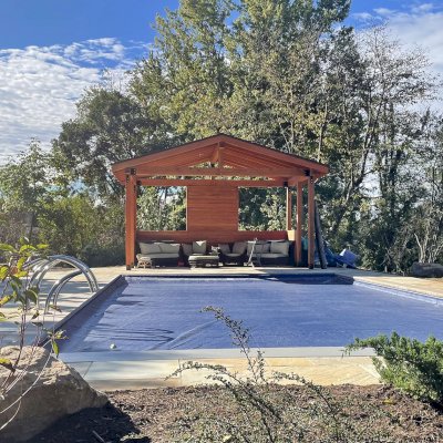 Custom Wood Pavilion Kit (Options: 14 ft L x 20 ft W, Douglas-fir, Transparent Premium Sealant). Photo Courtesy of T. Watson of Allison Park, PA.