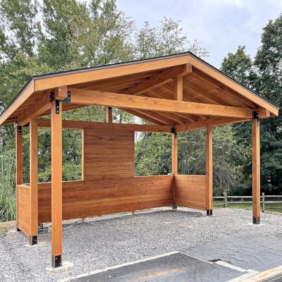Custom Wood Pavilion Kit (Options: 14 ft L x 20 ft W, Douglas-fir, Transparent Premium Sealant). Photo Courtesy of T. Watson of Allison Park, PA.