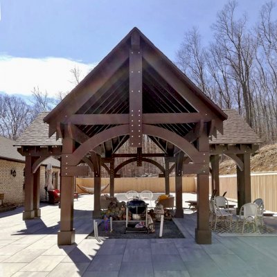 Custom Wood Pavilion Kits (Options: 30' L x 18' W Pavilion with 13' x 13' Dormer, Douglas-fir, No Electrical Wiring Trim Kit, Post Anchor Kit for High-Wind, Coffee-Stain Premium Sealant). Photo Courtesy of M. Tzezailidis of Warwick, New York.