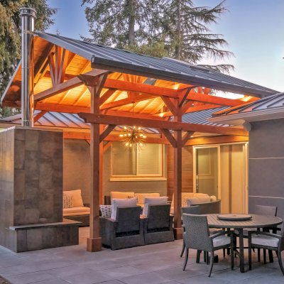 Custom Wood Pavilion Kit (Options: 18.5 ft L x 18 ft W, California Redwood, with 2 Skylights, Double Support Beams by Custom Request, 13' H Posts, Transparent Premium Sealant). Photo Courtesy of T. Walser of Renton, WA.