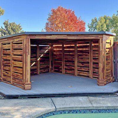 Custom Wood Pavilion (Options: 14' L x 11' W, Mosaic Redwood, Irregular Shape, Transparent Premium Sealant). Photo Courtesy of L. Casaubon of Roseville, CA.