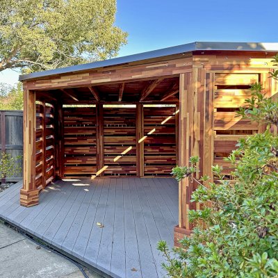 Custom Wood Pavilion (Options: 14' L x 11' W, Mosaic Redwood, Irregular Shape, Transparent Premium Sealant). Photo Courtesy of L. Casaubon of Roseville, CA.