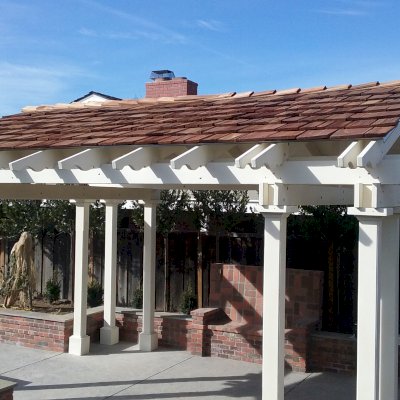 Custom Wood Pavilion Kits (Options: 20' L, 16'-5 1/2" W, Douglas, 4-Post Anchor Kit for Concrete, Electrical Wiring Trim 1 post, 9 ft H, Add a Ceiling Fan Base, No Privacy Panels, No Curtain Rods, Moulding Finish Style, Custom White Paint). Customer Request: 7 1/4" Long & Short Supports, 7 1/4" Rafters. 3/4" Roof Boards