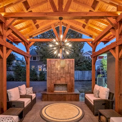 Custom Wood Pavilion Kit (Options: 18.5 ft L x 18 ft W, California Redwood, with 2 Skylights, Double Support Beams by Custom Request, 13' H Posts, Transparent Premium Sealant). Photo Courtesy of T. Walser of Renton, WA.