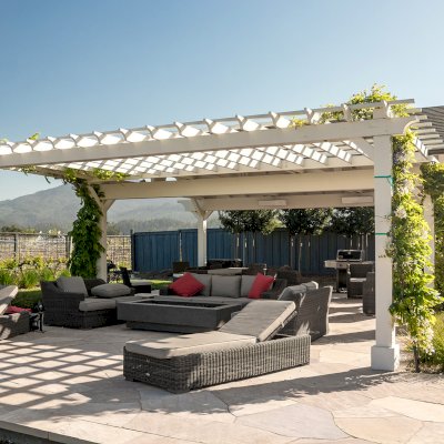 Custom Wooden Pergola with Attached Pavilion (Options: 26' L x 12' W, California Redwood, No Electrical Wiring Trim Kit, Post Anchor Kit for High-Wind, Custom White Paint) with a Garden Pergola Attached. Photo Courtesy of M. Hansen of St. Helena, California.
