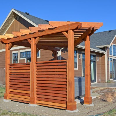 Custom Garden Pergola (Options: California Redwood, Louvered Privacy Panels, Open Roof, Transparent Premium Sealant). Photo Courtesy of Paul & Diane Chalfant of Livingston, Montana.