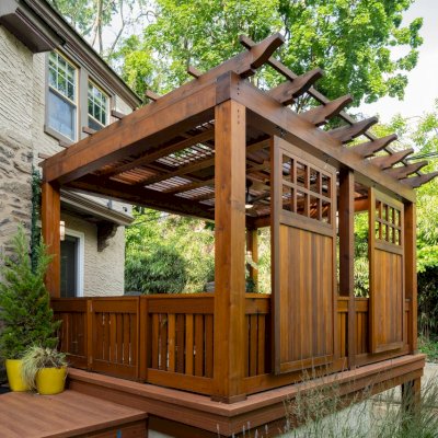 Custom Wooden Pergola (Options: 15' W x 14' L, California Redwood, 8' H Posts, Transparent Premium Sealant). Photo Courtesy of I. Bowleg of Philadelphia, PA.