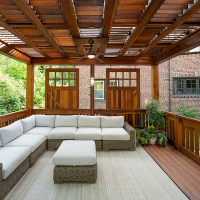 Custom Wooden Pergola (Options: 15' W x 14' L, California Redwood, 8' H Posts, Transparent Premium Sealant). Photo Courtesy of I. Bowleg of Philadelphia, PA.
