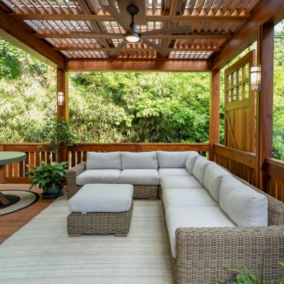 Custom Wooden Pergola (Options: 15' W x 14' L, California Redwood, 8' H Posts, Transparent Premium Sealant). Photo Courtesy of I. Bowleg of Philadelphia, PA.