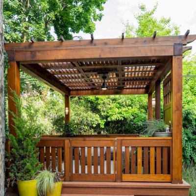 Custom Wooden Pergola (Options: 15' W x 14' L, California Redwood, 8' H Posts, Transparent Premium Sealant). Photo Courtesy of I. Bowleg of Philadelphia, PA.