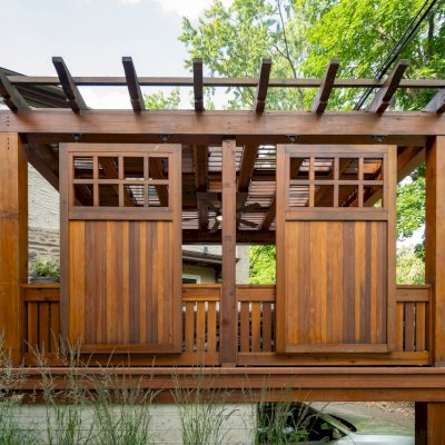 Custom Wooden Pergola (Options: 15' W x 14' L, California Redwood, 8' H Posts, Transparent Premium Sealant). Photo Courtesy of I. Bowleg of Philadelphia, PA.