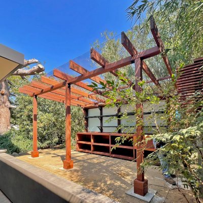 Custom Potting Shed Pergola (Options: 15' L x 10' W, California Redwood, Rafters at 24" on Center, with Clear Rain Guard, 3 ½" x 3 ½" Posts, 6-Post Anchor Kit for Concrete, with Custom Shelves and Drawers on 1 Side, and Frames to Allow Windows Installation, Coffee-Stain Premium Sealant).