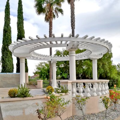 Custom Wooden Pergola (Options: 20'-6" Diameter, Mature Redwood, Placed Atop Load Bearing Columns, White Primer). Photo Courtesy of K. Pathak of Fremont, California.