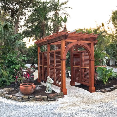 Custom Garden Pergola (Options: L-Shaped, Mature Redwood, with Louvered Walls, Transparent Premium Sealant). Photo Courtesy of S. Hase of Longboat Key, FL.
