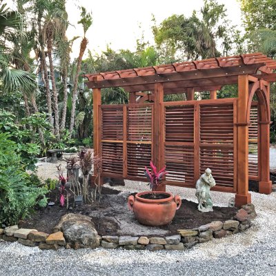 Custom Garden Pergola (Options: L-Shaped, Mature Redwood, with Louvered Walls, Transparent Premium Sealant). Photo Courtesy of S. Hase of Longboat Key, FL.