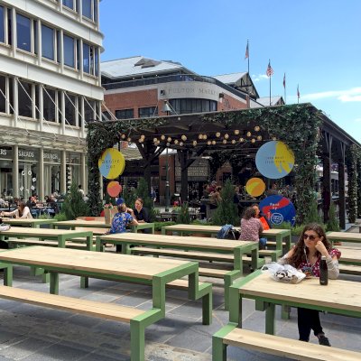 Custom Wooden Pergola (Options: 82' L x 16' W, Douglas-fir, Open Roof with Rafters at 18", with Transparent Rain Guard, 12-Post Anchor Kit, No Ceiling Fan Base, 12' Post Height, Custom Black Paint). This pergola is part of the giant popup beer hall at the Southside Seaport in downtown Manhattan from May to Oct 2017: https://www.timeout.com/newyork/blog/a-giant-pop-up-beer-hall-is-opening-at-south-street-seaport-this-summer-032417