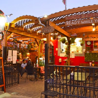 Custom Wooden Pergola (Options: Mature Redwood, Transparent Premium Sealant). Photo Courtesy of Carmel Pizza Company of San Francisco, CA.