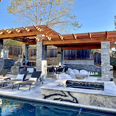 Custom Wooden Fat Timber Pergola (Options: 24' x 33', Mature Redwood, No Posts - Pergola Roof Installed Atop Existing Load Bearing Columns, with Louvered Panels, Transparent Premium Sealant). Photo Courtesy of C. Young of Los Gatos, CA.