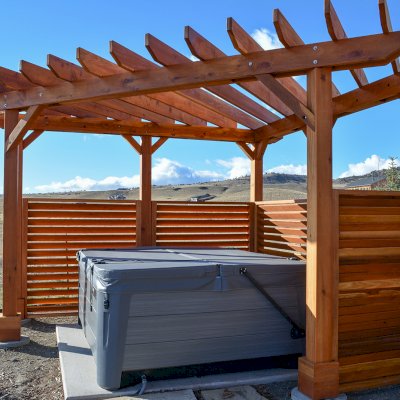 Custom Garden Pergola (Options: California Redwood, Louvered Privacy Panels, Open Roof, Transparent Premium Sealant). Photo Courtesy of Paul & Diane Chalfant of Livingston, Montana.