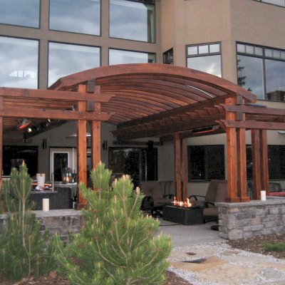 Custom Wooden Pergola (Options: 24' x 22', California Redwood, Open Roof with Rafters at 15", 9' Post Height [Front Posts 2' Shorter], Transparent Premium Sealant). Photo Courtesy of Kelly Fraser of Okotoks, AB, Canada.