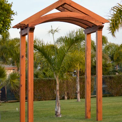 Custom Entryway Arbor/Pergola (Options: 11'-7" x 5'-9", with 8x8 Supports and 6x8 Rafters, Mature Redwood, Transparent Premium Sealant). Yes, we can make an entryway arbor in any size and style you like... Photo Courtesy of M. Day of Mill Valley, CA.