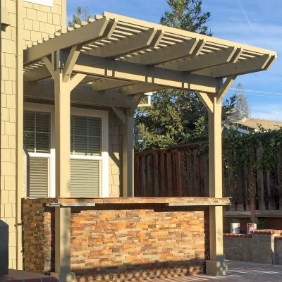 Custom Wooden Pergola (Options:12' x 9', California Redwood, Gray Oil-Based Primer and Custom Paint). Photo Courtesy of Unlimited Outdoor Kitchens of San Jose, CA.