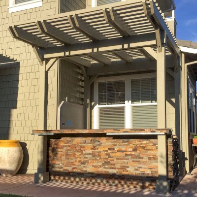 Custom Wooden Pergola (Options:12' x 9', California Redwood, Gray Oil-Based Primer and Custom Paint). Photo Courtesy of Unlimited Outdoor Kitchens of San Jose, CA.