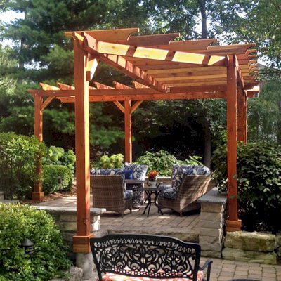Custom Wooden Pergola (Options: Custom Designed L-Shaped Garden Pergola. Roof Size is 16' x 22 1/2' Approximately on Outer Edge and 6' Wide all Around with a 45 Degree Cut on One End. Have 2x6 Roof Rafters Spaced 18 Inches on Center with 2x2 Slats Spaced Also 18 Inches on Center for Initial Drawing. California Redwood, Trasnparent Premium Sealant).