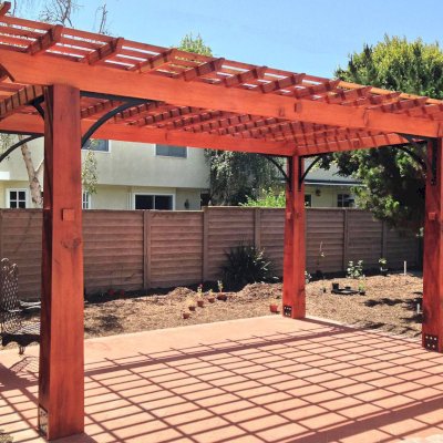 Custom Wooden Fat Timber Pergola (Options: 20'-6" x 13'-4", Mature Redwood, Larger Timbers and Metal Diagonal Braces by Custom Request). Photo Courtesy of John & Marilyn Raffensperger of Santa Monica, CA