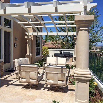 Custom Wooden Fat Timber Pergola (Options: 20' x 14', Douglas-fir, Unattached, Off-White Oil-Based Primer). Photo Courtesy of Mary B. of San Jose, CA.