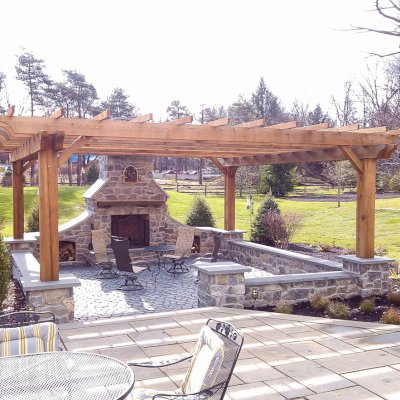 Custom Wooden Fat Timber Pergola (Options: 22' x 20', Mature Redwood, Open Roof with Slats at 24", 4" x 10" Rafters, Lengthwise Roof Support Timbers, 10" x 10" Posts, Bandsaw Finish). Photo Courtesy of Mike Rhoads.