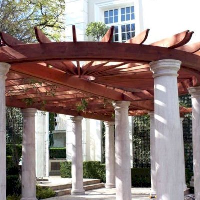 Custom Wooden Pergola (Options: 60' L, Old-Growth Redwood, No Posts, Transparent Premium Sealant). Central Circular structure detail of Roof for a Museum in Mexico City, Mexico. 