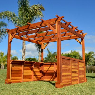 Custom Wooden Pergola (Options: 9 ft L x 9 ft W, California Redwood, 4-Post Anchor Kit for Concrete, No Ceiling Fan Bases, 3 Custom Solid Privacy Panels, No Curtain Rods, 7 ft Height Posts, Transparent Premium Sealant). Extra Custom Request: 2 Shelves.