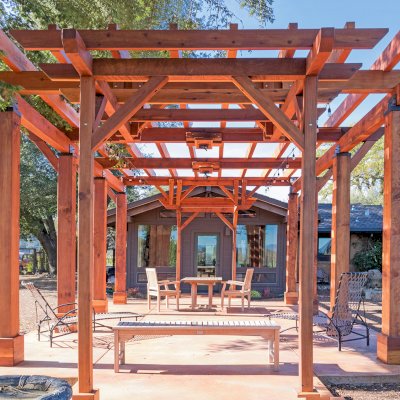 Custom Wooden Pergola (Options: 28' x 20', California Redwood, Posts Anchor Kit for Concrete, Transparent Premium Sealant). Photo Courtesy of S. Taplin of St. Helena, CA.