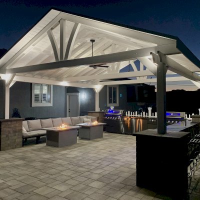 Del Norte Outdoor Kitchen Pavilion (Options: 20' L x 20' W, Douglas-fir, 4-Post Anchor Kit for High-Wind, 2 Fascia Boards, 2 Ceiling Fan Bases, 1 Electrical Wiring Trim Kit, No Post Decorative Trims, Off-White Oil-Based Primer). Photo Courtesy of R. Brooks of Reno, NV.
