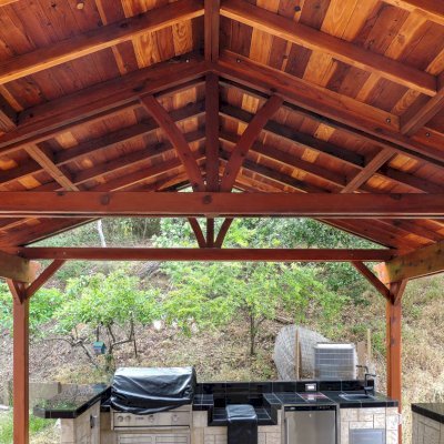 Del Norte Outdoor Kitchen Pavilion (Options: 22' L x 22' W, California Redwood, Unattached, 6-Post Anchor Kit for Concrete, No Electrical Wiring, 9 ft Post Height, No Ceiling Fan Base, No Privacy Panels, No Curtain Rods,Transparent Sealant). Photo Courtesy of El Laurel Resort of Baja, Mexico.