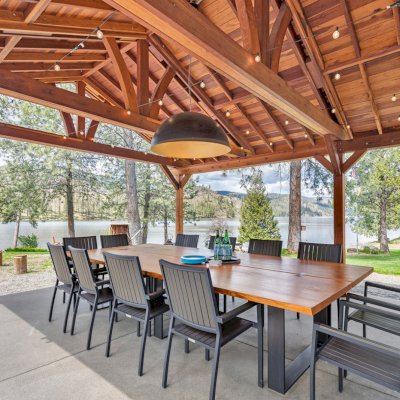 Del Norte Outdoor Kitchen Pavilion (Options: 38.5' L x 18.5' W, California Redwood, No Privacy Panel, Post Anchor Kit for High Wind, 10' H Posts, No Ceiling Fan Base, No Curtain Rod, No Fascia Boards, Transparent Premium Sealant). Photo Courtesy of D. Lemke of Nine Mile Falls, NJ. 