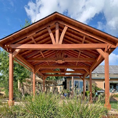 Del Norte Outdoor Kitchen Pavilion (Options: 25' L x 18' W, Douglas-fir, 6-Post Kit for High-Wind, 2 Ceiling Fan Bases, 1 Electrical Wiring Trim Kit, No Post Decorative Trims, Coffee-Stain Premium Sealant). Photo Courtesy of D. Tornincasa of Placerville, California.