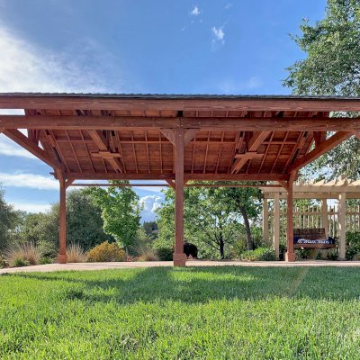 Del Norte Outdoor Kitchen Pavilion (Options: 25' L x 18' W, Douglas-fir, 6-Post Kit for High-Wind, 2 Ceiling Fan Bases, 1 Electrical Wiring Trim Kit, No Post Decorative Trims, Coffee-Stain Premium Sealant). Photo Courtesy of D. Tornincasa of Placerville, California.