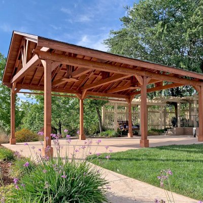 Del Norte Outdoor Kitchen Pavilion (Options: 25' L x 18' W, Douglas-fir, 6-Post Kit for High-Wind, 2 Ceiling Fan Bases, 1 Electrical Wiring Trim Kit, No Post Decorative Trims, Coffee-Stain Premium Sealant). Photo Courtesy of D. Tornincasa of Placerville, California.