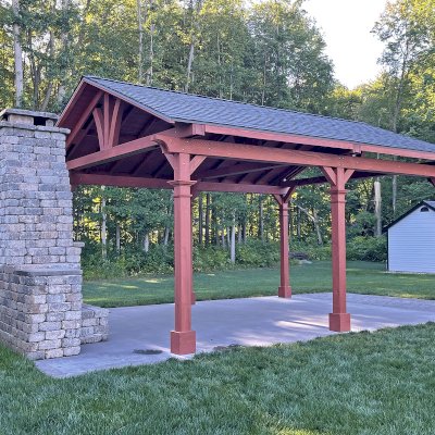 Del Norte Outdoor Kitchen Pavilion (Options: 20' L x 16' W, Douglas-fir, 6-Post Kit for High-Wind, Horizontal Post Decorative Trims, 2 Ceiling Fan Bases, No Lattice Privacy Panel, 1 Electrical Wiring Trim Kit, Custom Finish). Photo Courtesy of J. Kacsits of Hudsonville, MI.