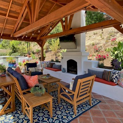 Del Norte Outdoor Kitchen Pavilion (Options: 14' L x 20' W, Douglas-fir, 4-Post Anchor Kit for High-Wind, With 1 Ceiling Fan Base, Electrical Wiring Trim Kit for 2 Posts, Horizontal Post Decorative Trims, Coffee-Stain Premium Sealant).