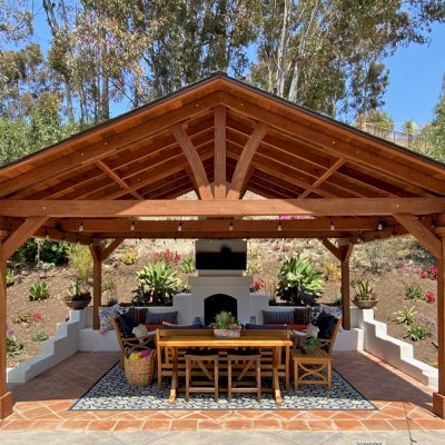 Del Norte Outdoor Kitchen Pavilion (Options: 14' L x 20' W, Douglas-fir, 4-Post Anchor Kit for High-Wind, With 1 Ceiling Fan Base, Electrical Wiring Trim Kit for 2 Posts, Horizontal Post Decorative Trims, Coffee-Stain Premium Sealant).